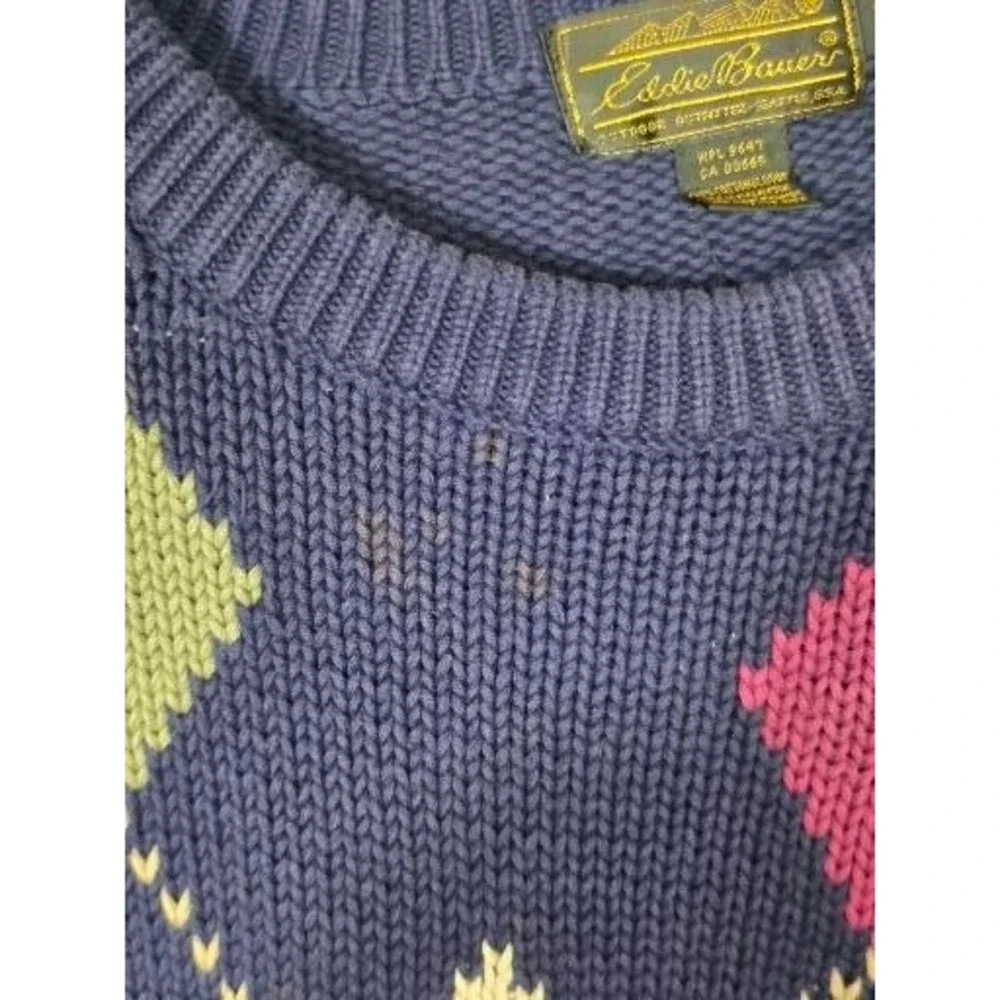 VTG Eddie Bauer Mens Navy Blue Argyle Knit Sweater Pullover Long Sleeve L Preppy - Picture 7 of 8
